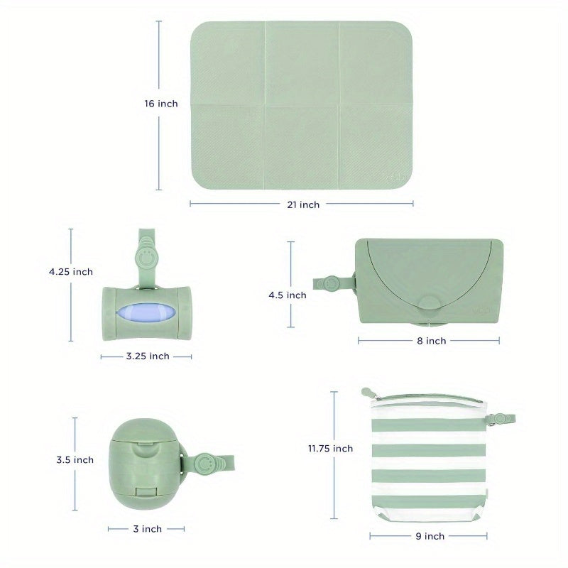 OnTheGo Travel Diapering Gift Set – Portable Changing Mat & Bag, Wipes Dispenser, Dual Pacifier Holder & Lavender Bag Dispenser, Sage