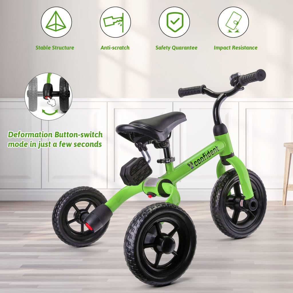 3-in-1 Toddler Tricycle & Balance Bike for Ages 2+ — Foldable Ride-On with Detachable Pedals, Training Wheels & U-Brake, Green