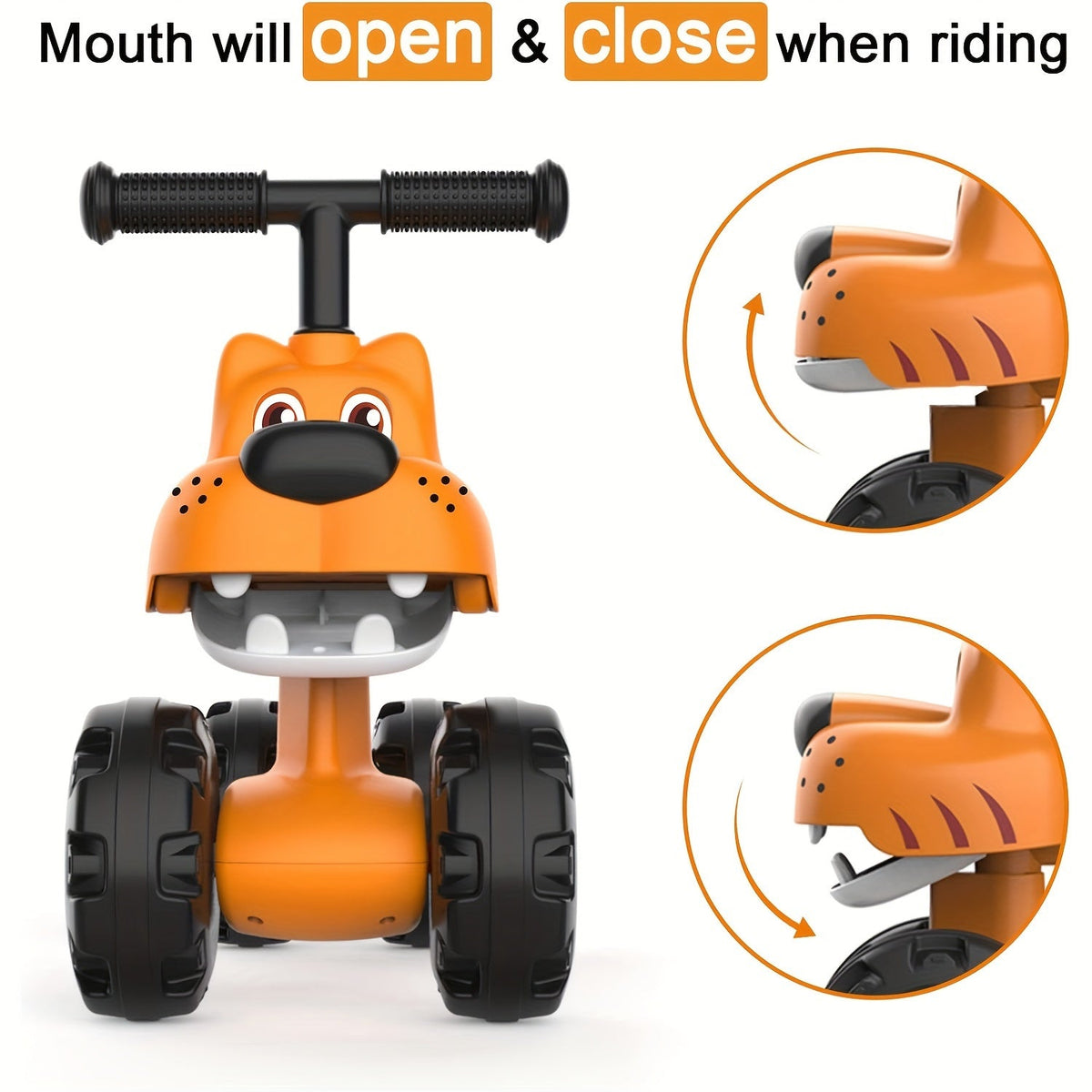 Toddler 4-Wheel Balance Bike (12–24 Months) — Tiger Design, 9 in Wide All-Terrain Wheels, Safety Belt, Non-Toxic No-Pedal Ride-On, Easy Assembly