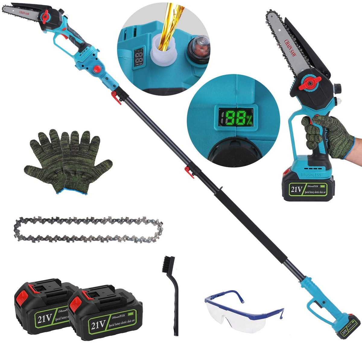 2-in-1 Cordless Pole & Mini Chainsaw, 21V 6" Brushless with Extension Pole & Auto Oiler
