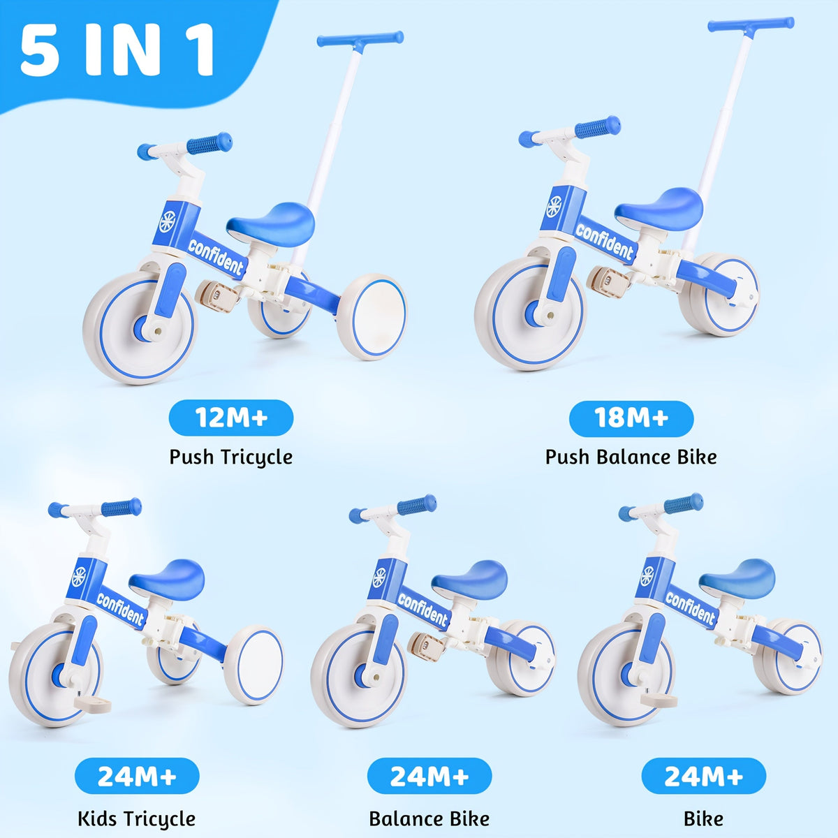 5-in-1 Toddler Balance Bike & Tricycle for 1-3 Years — Removable Pedals, Steering Push Handle, Adjustable Convertible Ride-On (Blue)