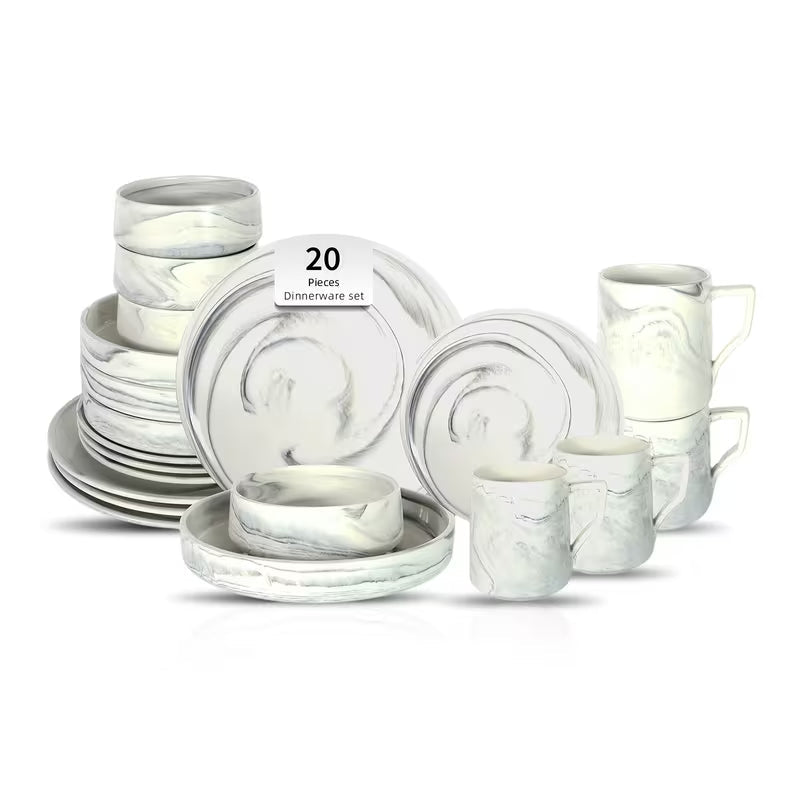 Marbled Round Ceramic Dinnerware Set with Plates and Bowls