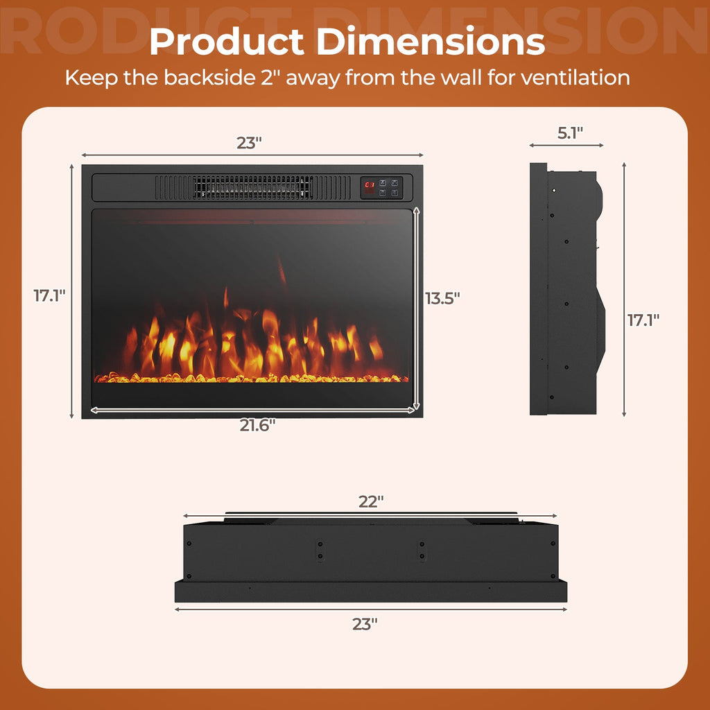 23 Inches 750W/1500W Electric Fireplace Heater with Adjustable Flame Color and Brightness