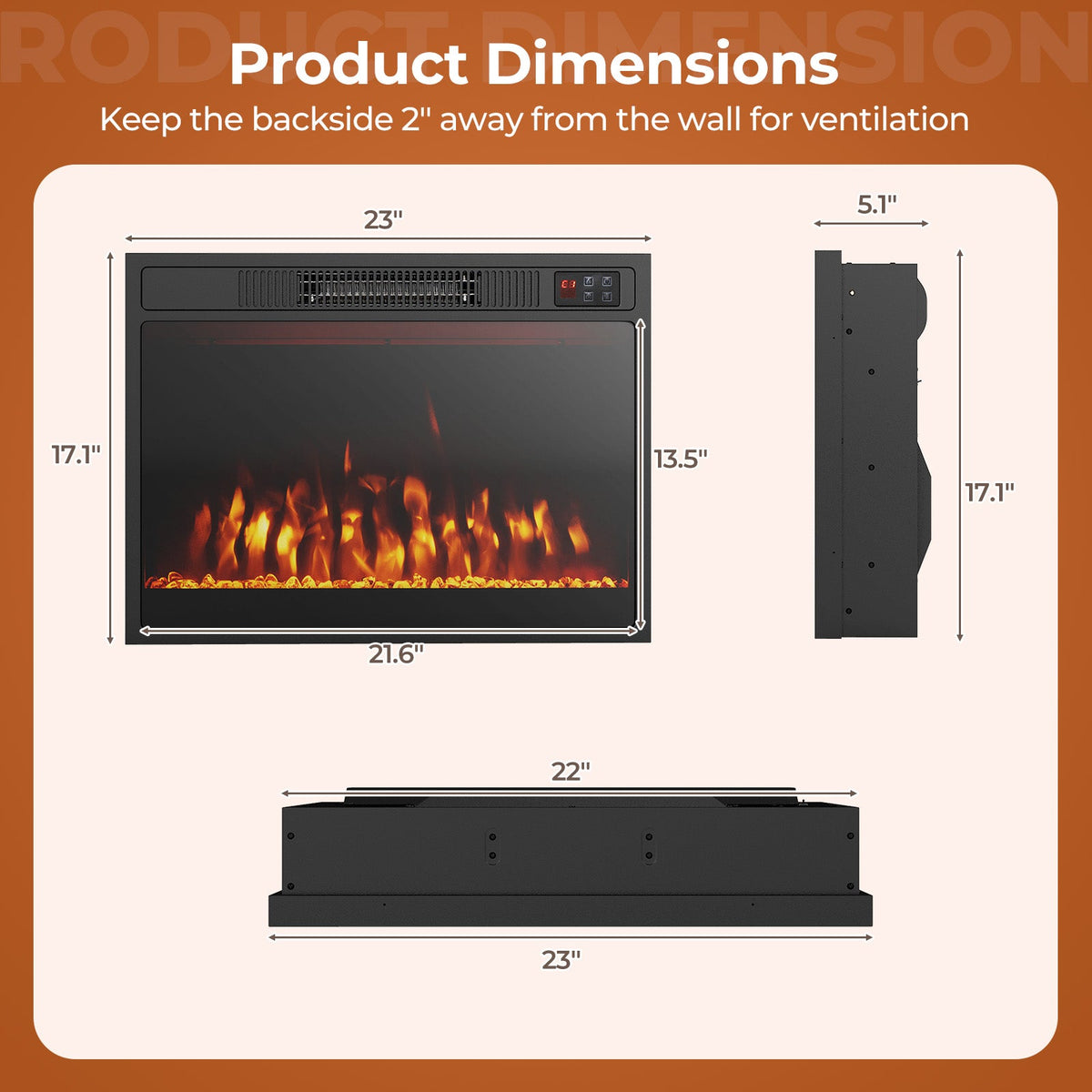 23 Inches 750W/1500W Electric Fireplace Heater with Adjustable Flame Color and Brightness
