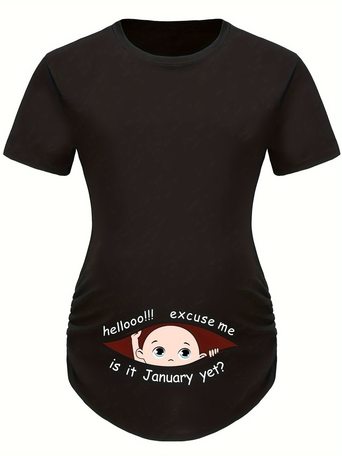 Hello Month & Cartoon Character Print Maternity T-Shirt, Round Neck Short Sleeve Pregnant Women's Top for Pregnancy Announcement - Comfortable Fit