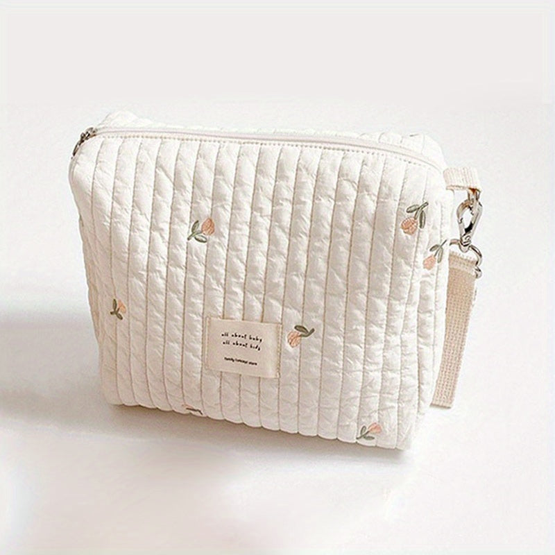 Adorable Quilted Diaper Bag with Bunny & Floral Embroidery – Portable Reusable Nappy Caddy Organizer for Wet/Dry Use, Ideal for Strollers and Small Diaper Bags