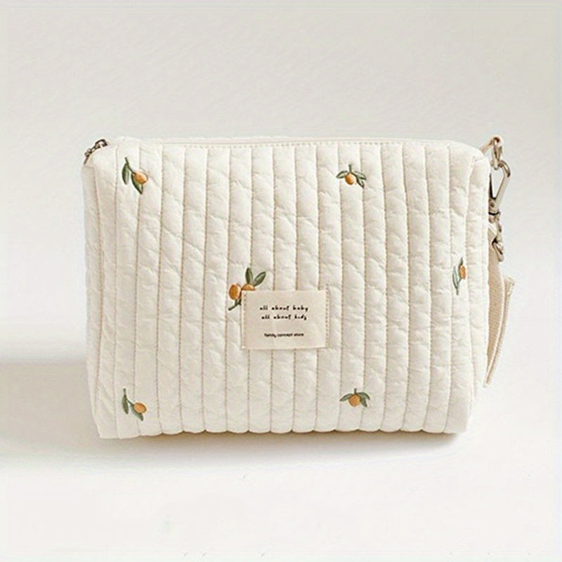 Adorable Quilted Diaper Bag with Bunny & Floral Embroidery – Portable Reusable Nappy Caddy Organizer for Wet/Dry Use, Ideal for Strollers and Small Diaper Bags
