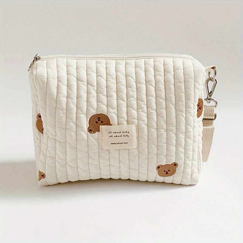 Adorable Quilted Diaper Bag with Bunny & Floral Embroidery – Portable Reusable Nappy Caddy Organizer for Wet/Dry Use, Ideal for Strollers and Small Diaper Bags
