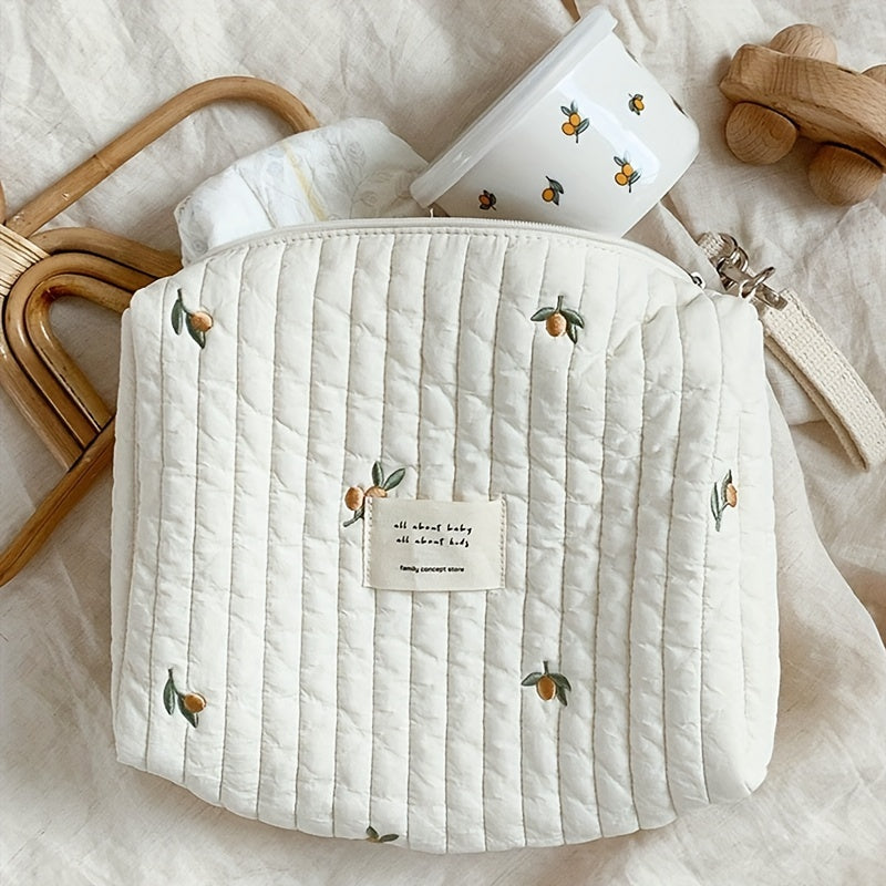 Adorable Quilted Diaper Bag with Bunny & Floral Embroidery – Portable Reusable Nappy Caddy Organizer for Wet/Dry Use, Ideal for Strollers and Small Diaper Bags