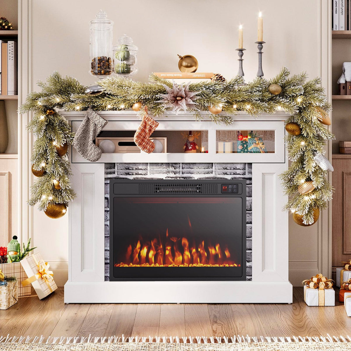 23 Inches 750W/1500W Electric Fireplace Heater with Adjustable Flame Color and Brightness