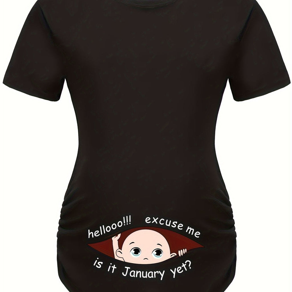 Hello Month & Cartoon Character Print Maternity T-Shirt, Round Neck Short Sleeve Pregnant Women's Top for Pregnancy Announcement - Comfortable Fit
