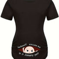Hello Month & Cartoon Character Print Maternity T-Shirt, Round Neck Short Sleeve Pregnant Women's Top for Pregnancy Announcement - Comfortable Fit