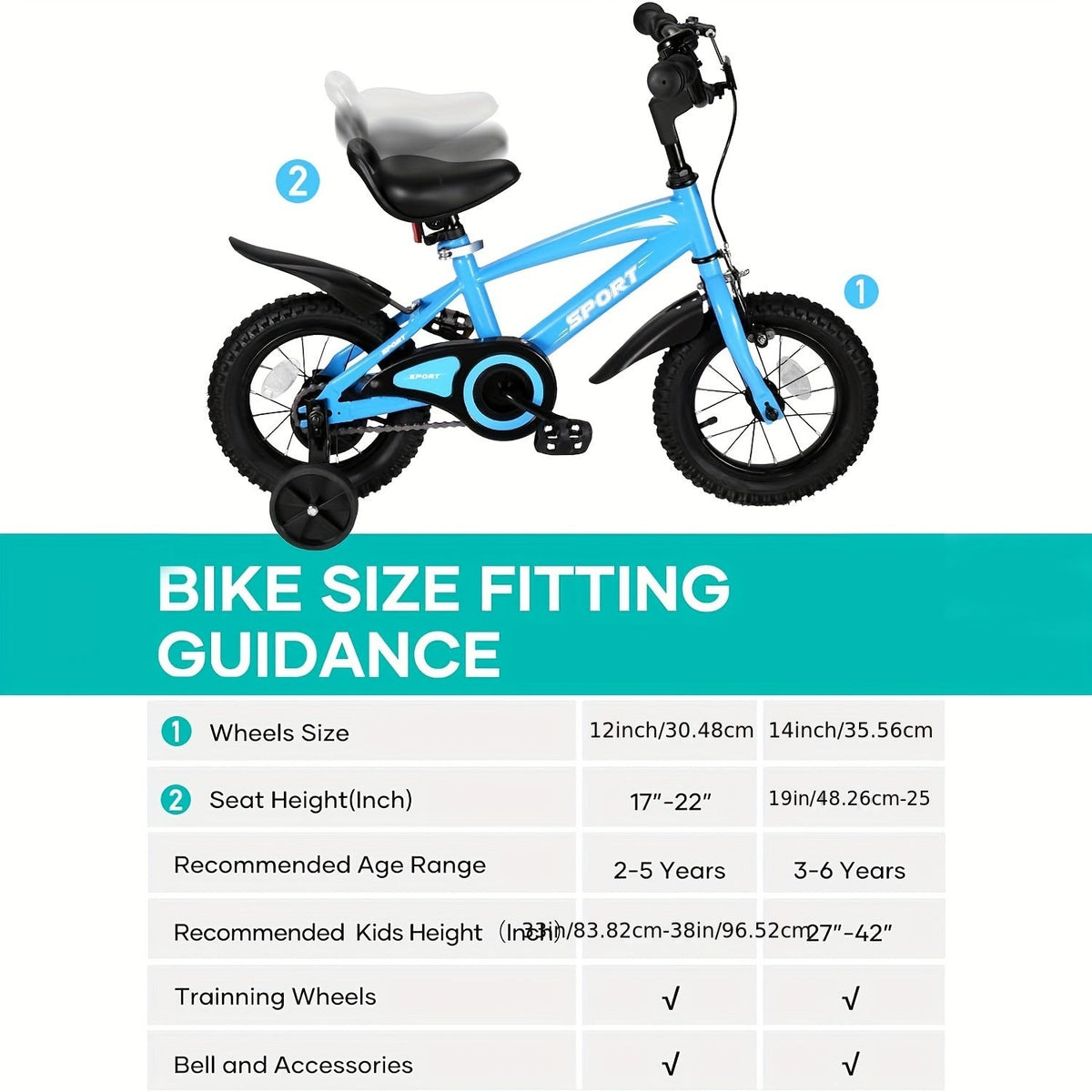 VITALMETER 14-Inch Kids Bike with Removable Training Wheels — Ages 3-6, Adjustable Seat & Dual Brakes, Bell (Blue)