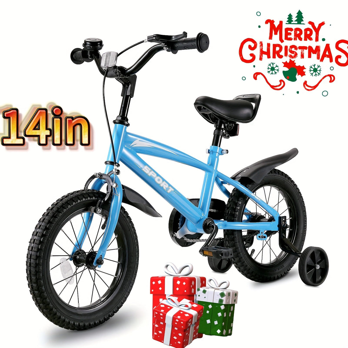 VITALMETER 14-Inch Kids Bike with Removable Training Wheels — Ages 3-6, Adjustable Seat & Dual Brakes, Bell (Blue)