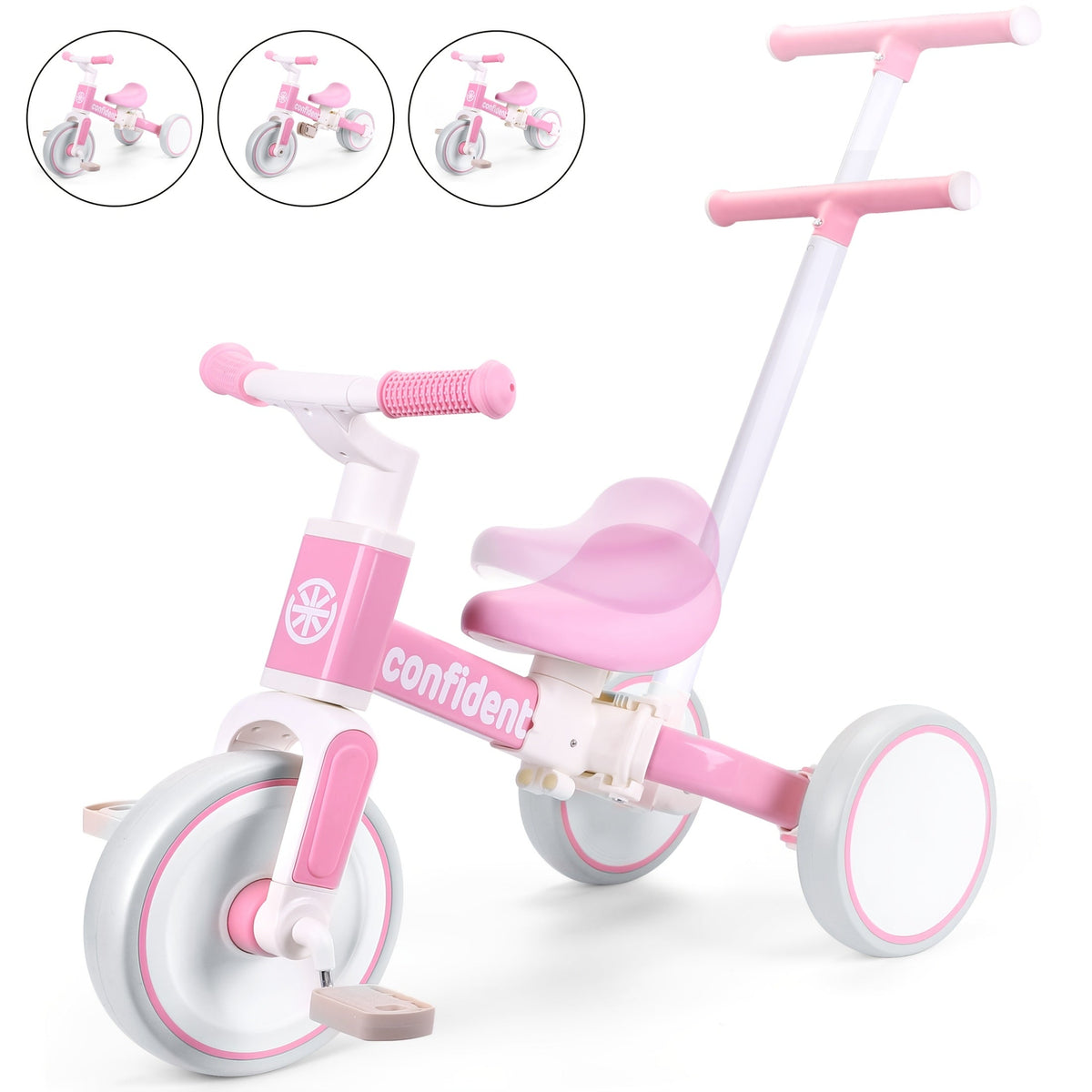 5-in-1 Convertible Baby Balance Bike & Trike with Parent Steering Handle, Detachable Foot Pedals — 4 All-Terrain Wheels, Cushioned Seat, Sturdy Frame — Pink & White, Ages 1-3