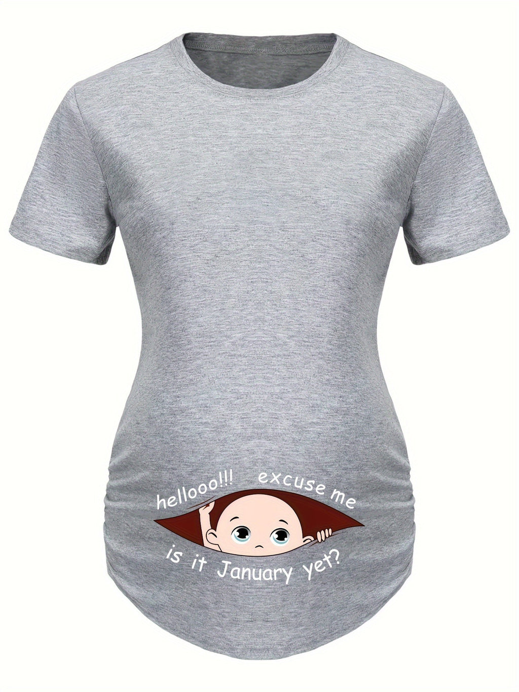 Hello Month & Cartoon Character Print Maternity T-Shirt, Round Neck Short Sleeve Pregnant Women's Top for Pregnancy Announcement - Comfortable Fit