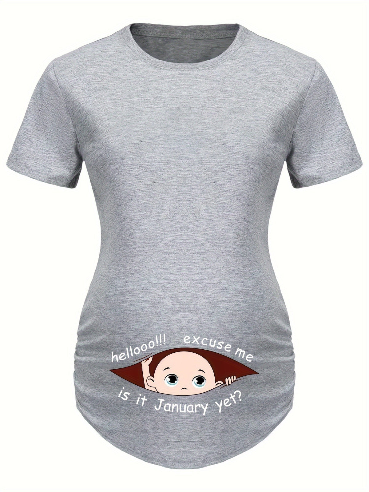 Hello Month & Cartoon Character Print Maternity T-Shirt, Round Neck Short Sleeve Pregnant Women's Top for Pregnancy Announcement - Comfortable Fit