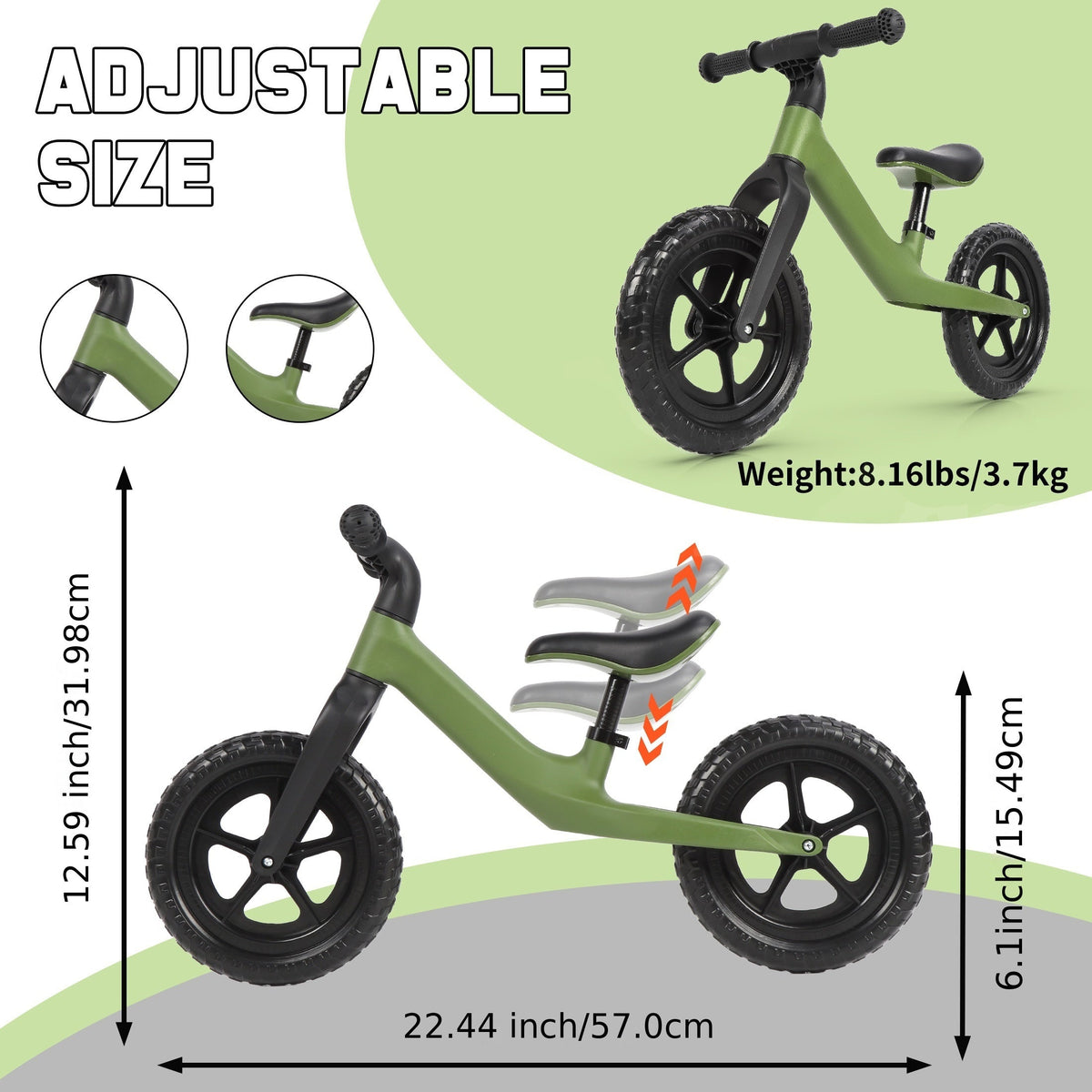 12-Inch (30 cm) Kids Balance Bike for 3+ Years — No-Pedal Toddler Training Bike, Lightweight Carbon Steel Frame, Adjustable Seat & U-Brake, 110 lb Capacity