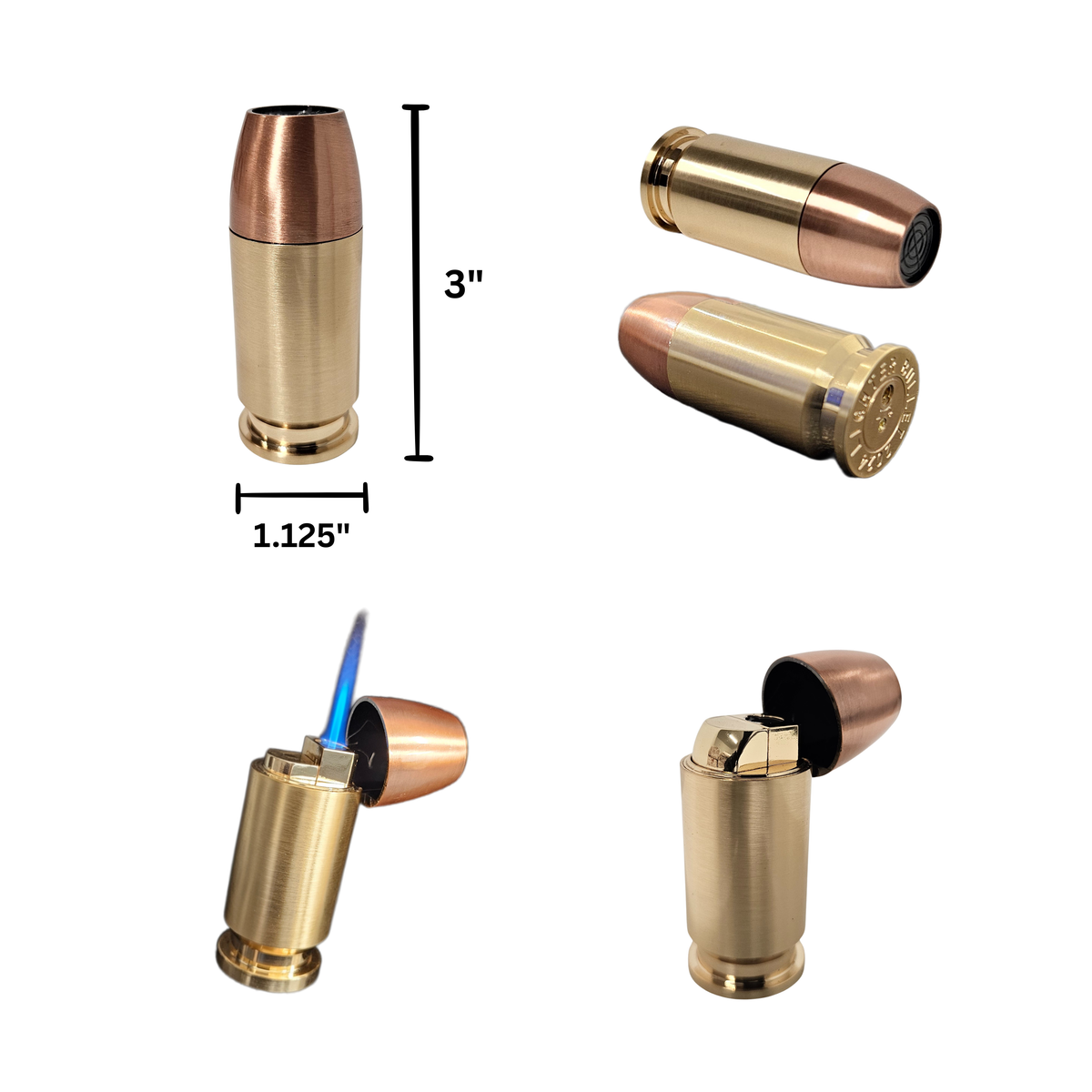 Hollow Point Bullet-Shaped Torch Lighter, 3-Inch, Blue Flame, Butane Refillable, Brass and Copper