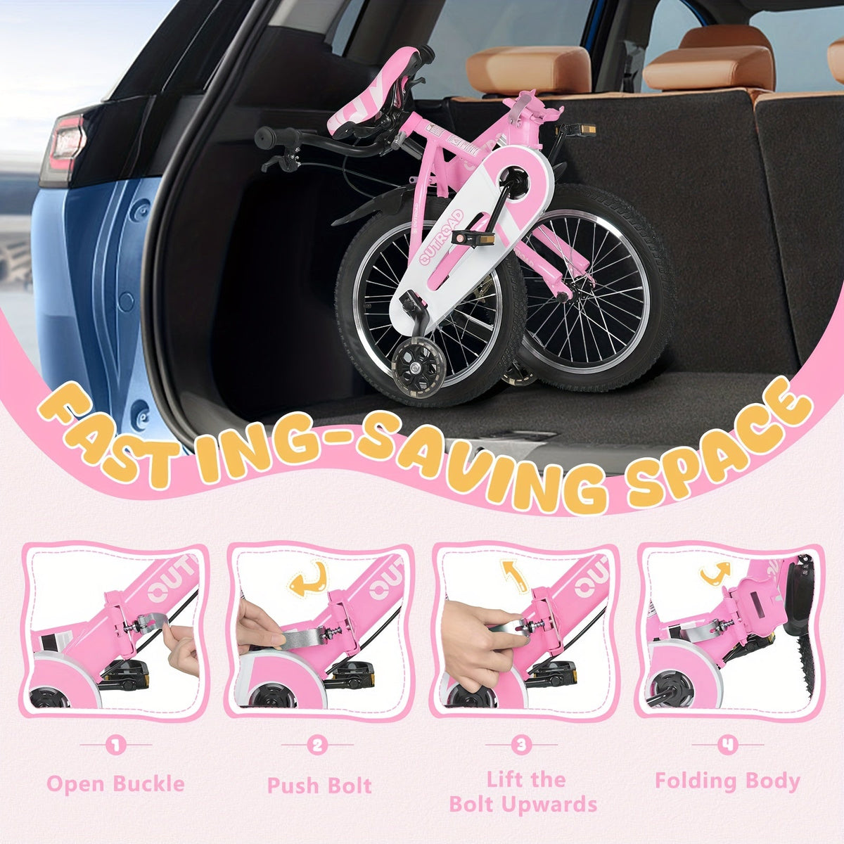 14-Inch Folding Kids Bike with Training Wheels — Classic Unisex, Adjustable Seat & Handlebars, Coaster Brakes, Iron Carbon Alloy Frame (Ages 3–9)