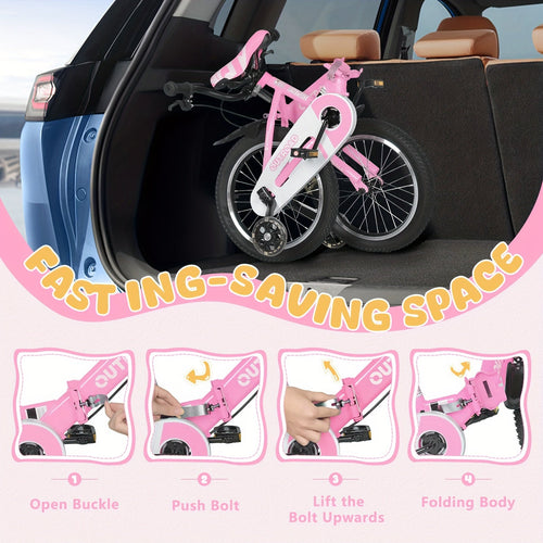 14-Inch Folding Kids Bike with Training Wheels — Classic Unisex, Adjustable Seat & Handlebars, Coaster Brakes, Iron Carbon Alloy Frame (Ages 3–9)