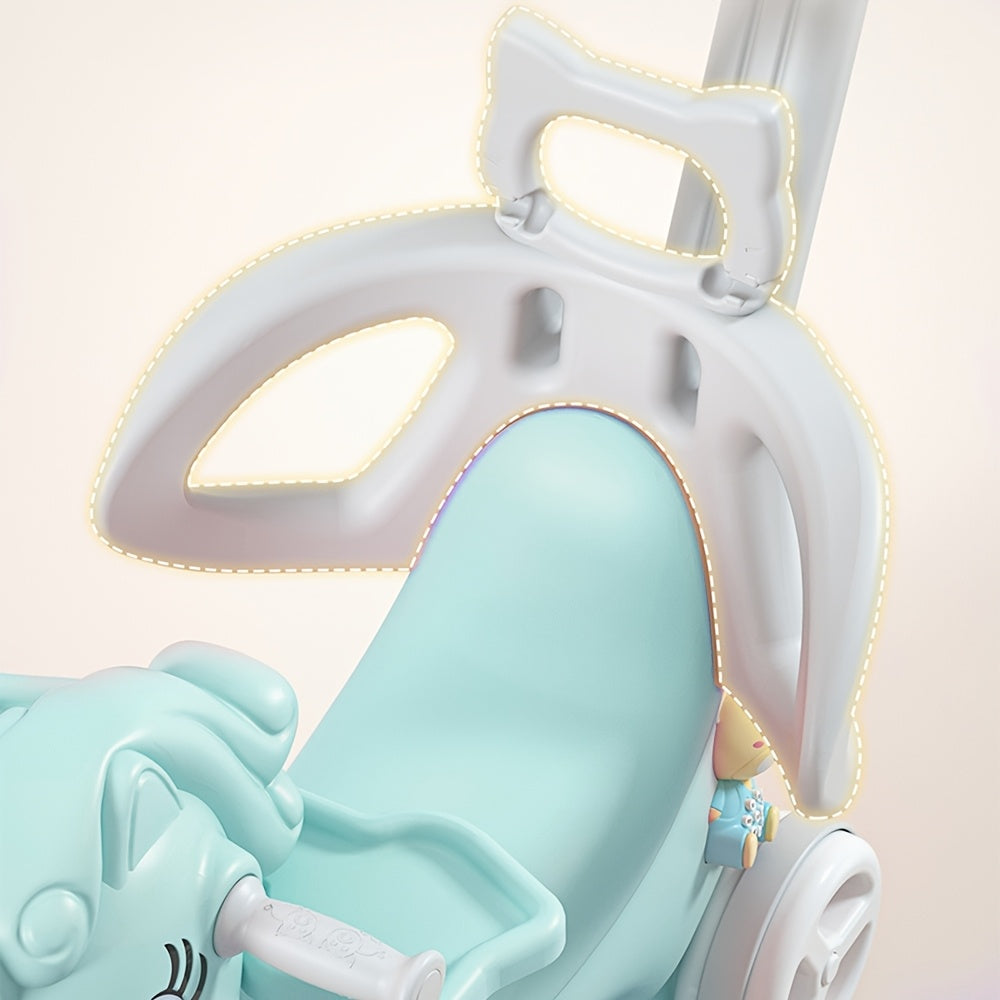 Blue Cartoon Balance Bike Rocking Horse Toddler Ride-On (12+ Months) — Push Handle, Detachable Balance Board & Foot Pedal