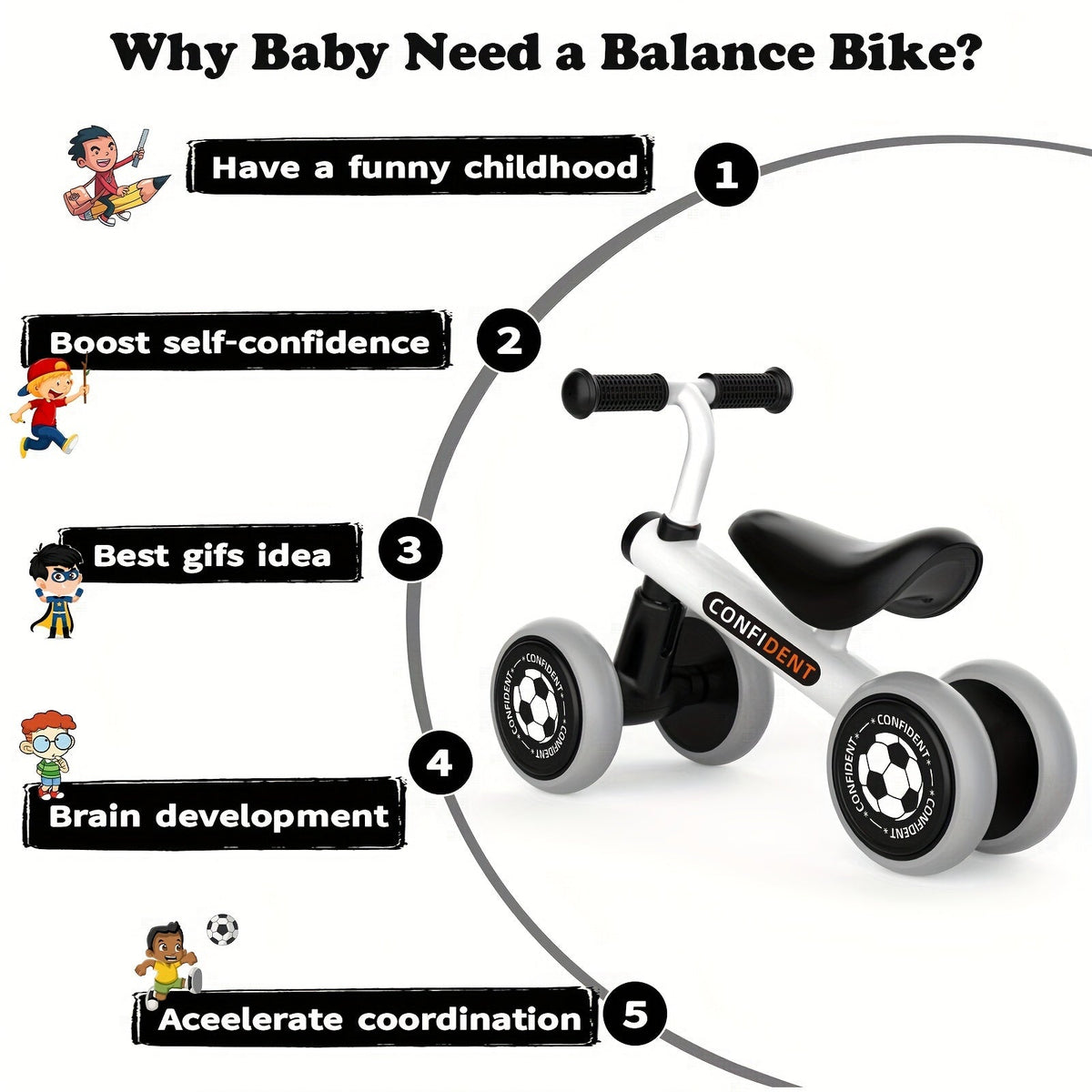 Balance Bike for Toddlers 12–36 Months (1–3 Years) — Alloy Steel Frame, No Pedals, Linear Brake & Quiet Wheels, Easy Assembly, Black — First Birthday Gift