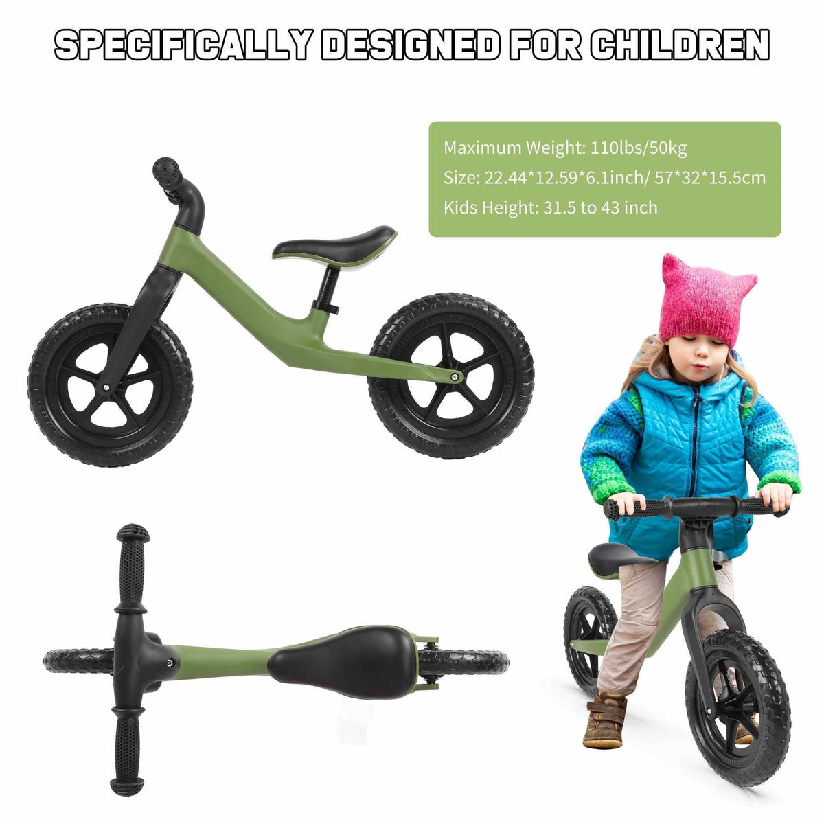 12-Inch (30 cm) Kids Balance Bike for 3+ Years — No-Pedal Toddler Training Bike, Lightweight Carbon Steel Frame, Adjustable Seat & U-Brake, 110 lb Capacity