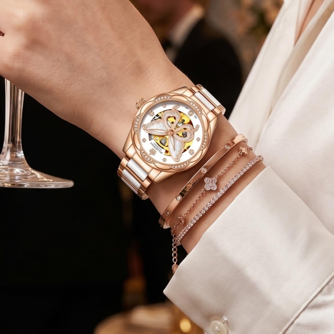 Vetra Women Watches Automatic Luxury Diamond Dress Ladies Watch Fashion Waterproof Ceramic Strap Rose Gold Self Winding Female Wrist Watch