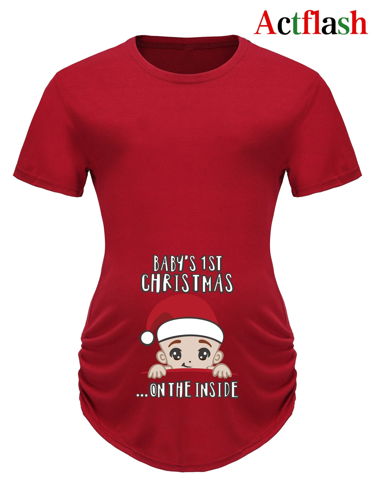 Actflash Festive Christmas Youngsters Print Maternity Tee - Comfy Polyester & Spandex Blend, Crew Neck, Short Sleeve, Perfect for Summer, Christmas Hat, Cute Youngsters Announcement Shirt