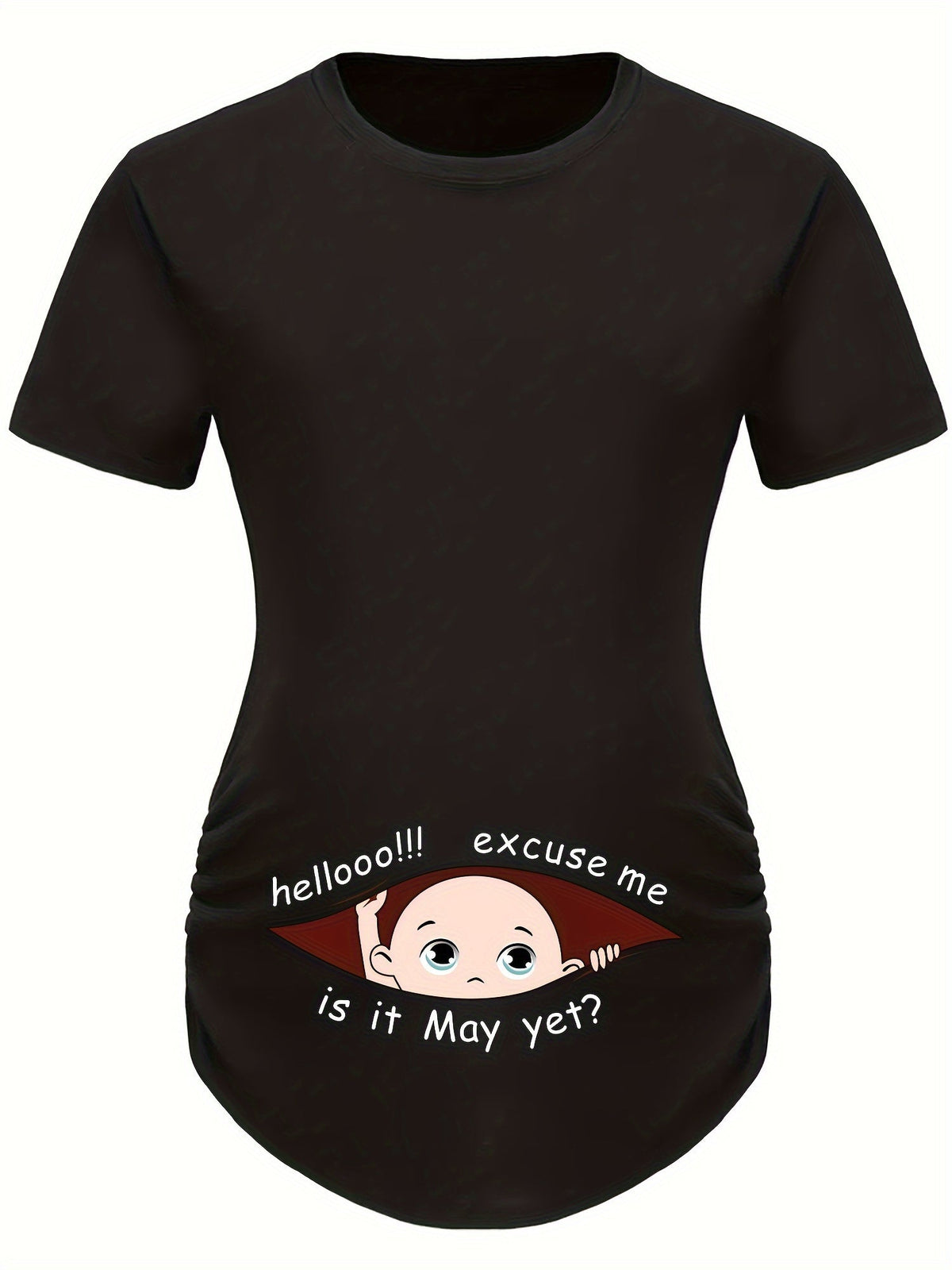 Hello Month & Cartoon Character Print Maternity T-Shirt, Round Neck Short Sleeve Pregnant Women's Top for Pregnancy Announcement - Comfortable Fit
