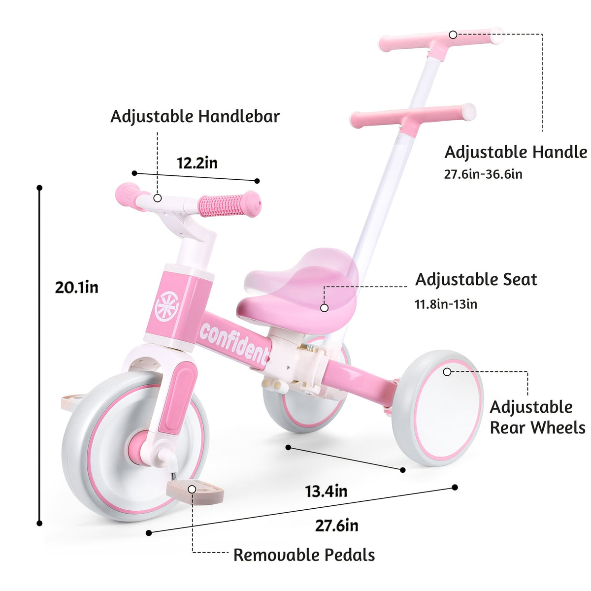 5-in-1 Convertible Baby Balance Bike & Trike with Parent Steering Handle, Detachable Foot Pedals — 4 All-Terrain Wheels, Cushioned Seat, Sturdy Frame — Pink & White, Ages 1-3