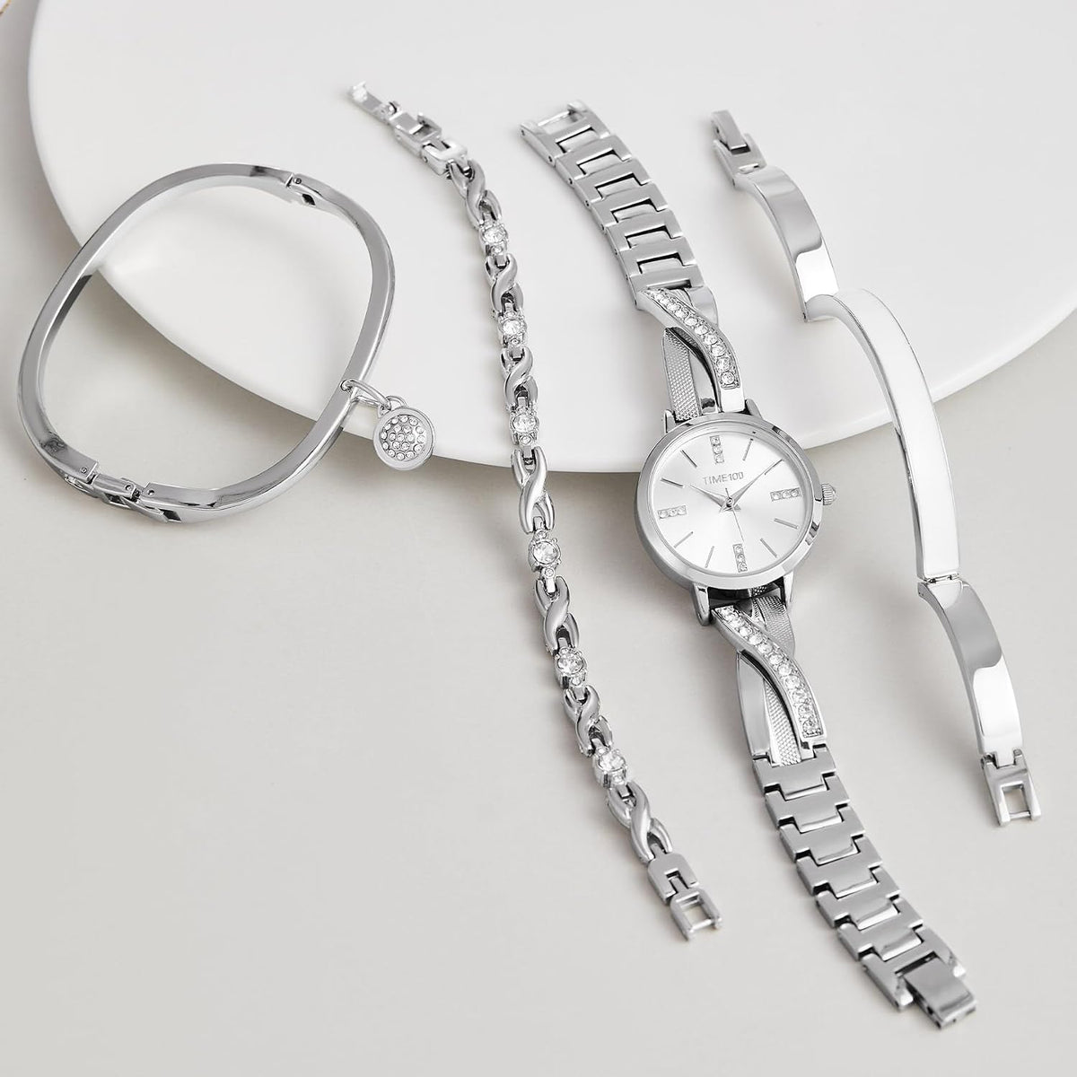 TIME100 Women's Bangle Watch and Gold Watch Chain Bracelets Premium Crystal Accented Bracelet Set W50888L