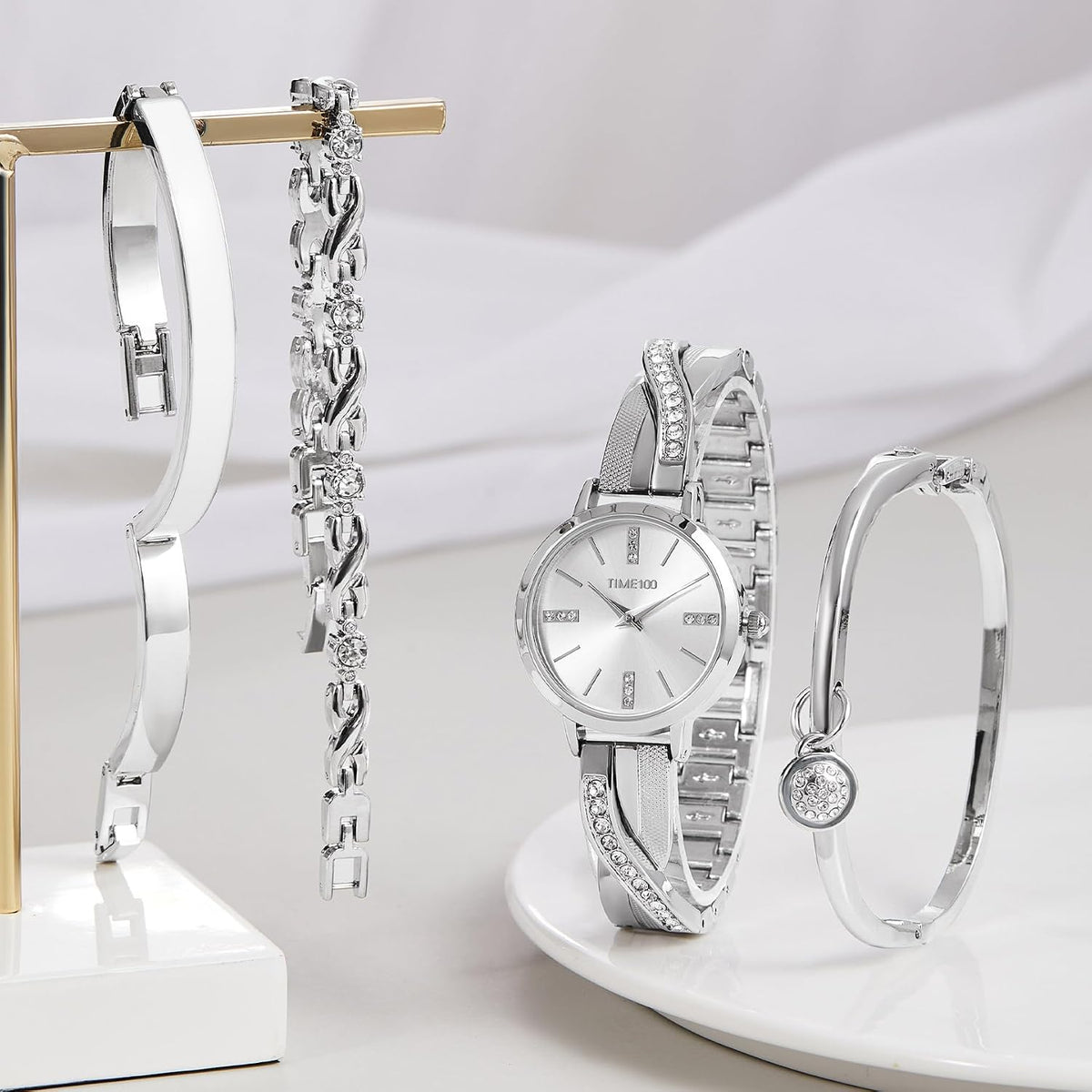 TIME100 Women's Bangle Watch and Gold Watch Chain Bracelets Premium Crystal Accented Bracelet Set W50888L