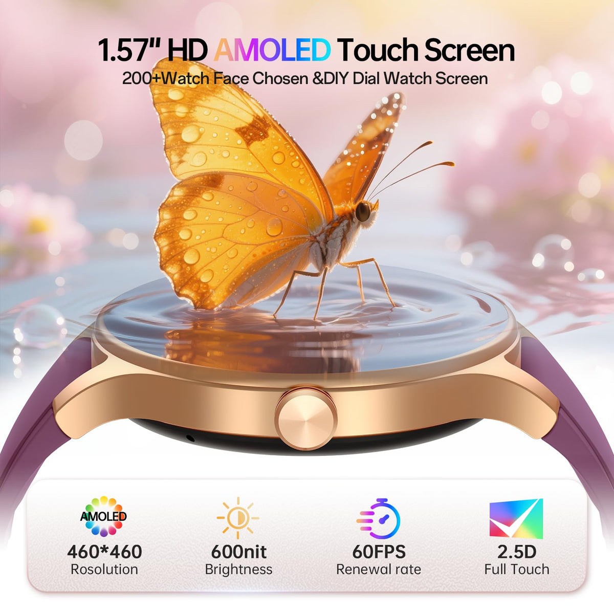 Woneligo Smart Watch for Women,1.57inch AMOLED Touchscreen Fitness Watch for iPhone & Android,Heart Rate/Sp02/Sleep Monitor,110+ Sport Modes IP68 Waterproof Bluetooth Calls,2 Bands (Pink, 1.57)