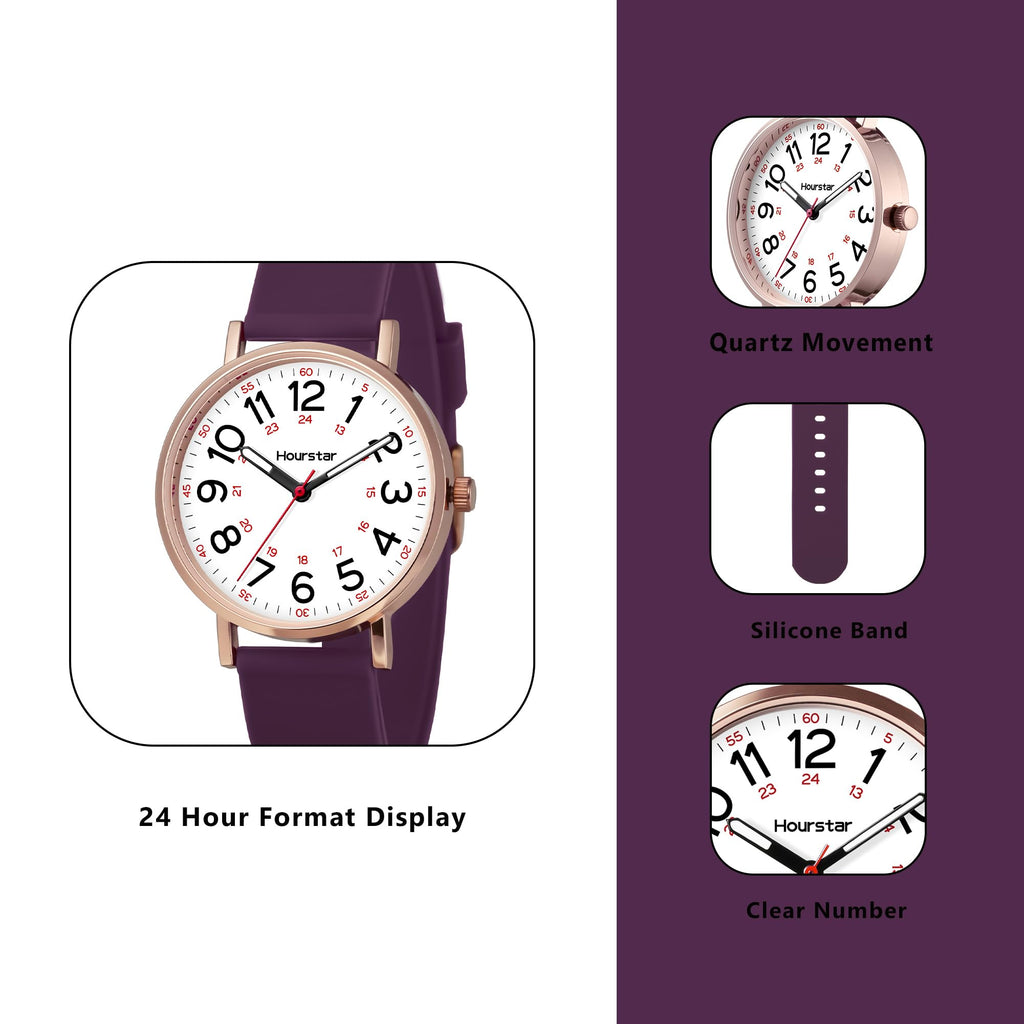 Women's Analog Nurse Watch with Second Hand for Nursing, 12/24 Time, Silicone Band, Easy Read