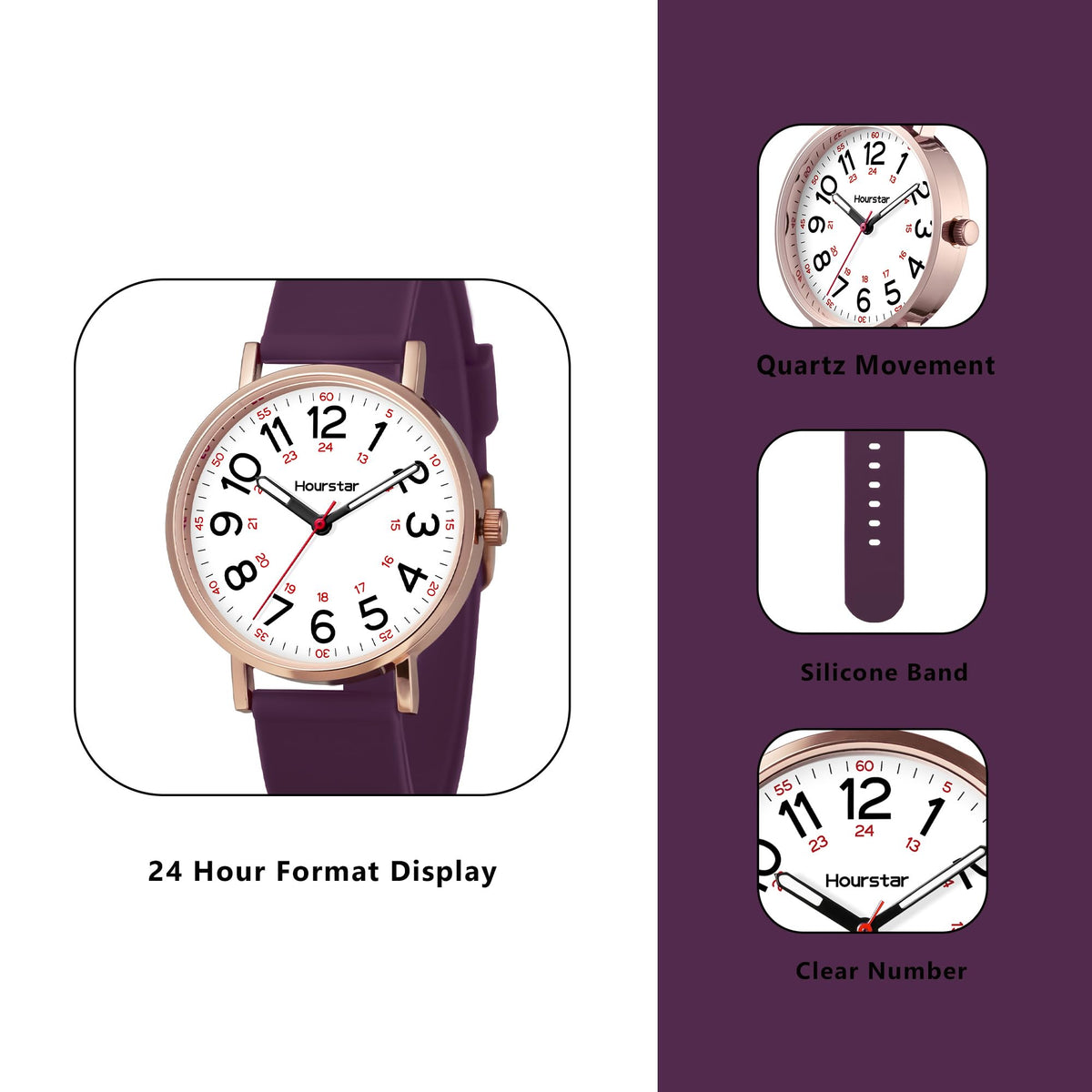 Women's Analog Nurse Watch with Second Hand for Nursing, 12/24 Time, Silicone Band, Easy Read