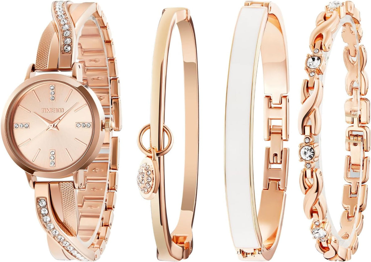 TIME100 Women's Bangle Watch and Gold Watch Chain Bracelets Premium Crystal Accented Bracelet Set W50888L
