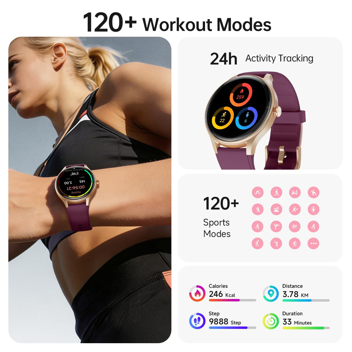 Woneligo Smart Watch for Women,1.57inch AMOLED Touchscreen Fitness Watch for iPhone & Android,Heart Rate/Sp02/Sleep Monitor,110+ Sport Modes IP68 Waterproof Bluetooth Calls,2 Bands (Pink, 1.57)