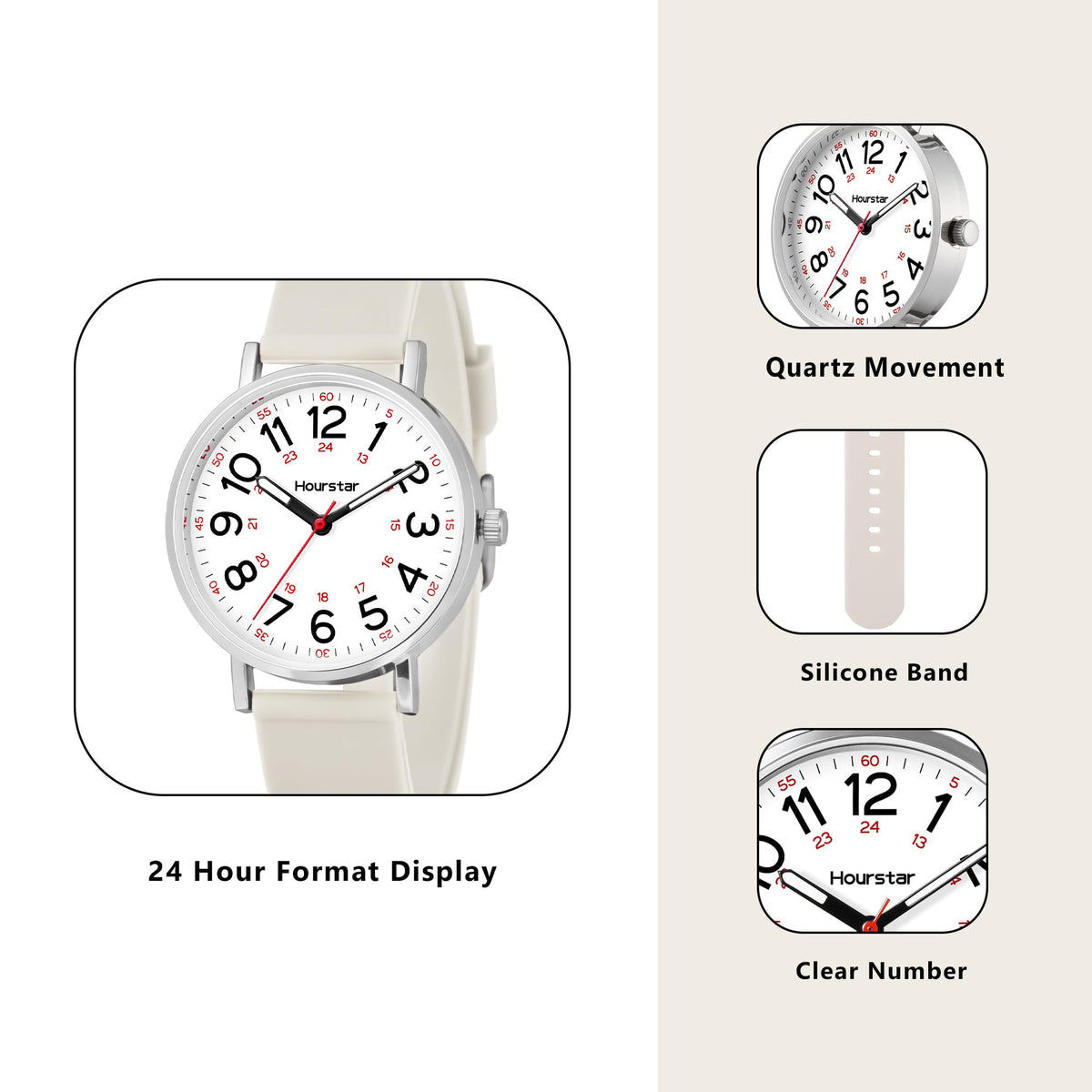 Women's Analog Nurse Watch with Second Hand for Nursing, 12/24 Time, Silicone Band, Easy Read