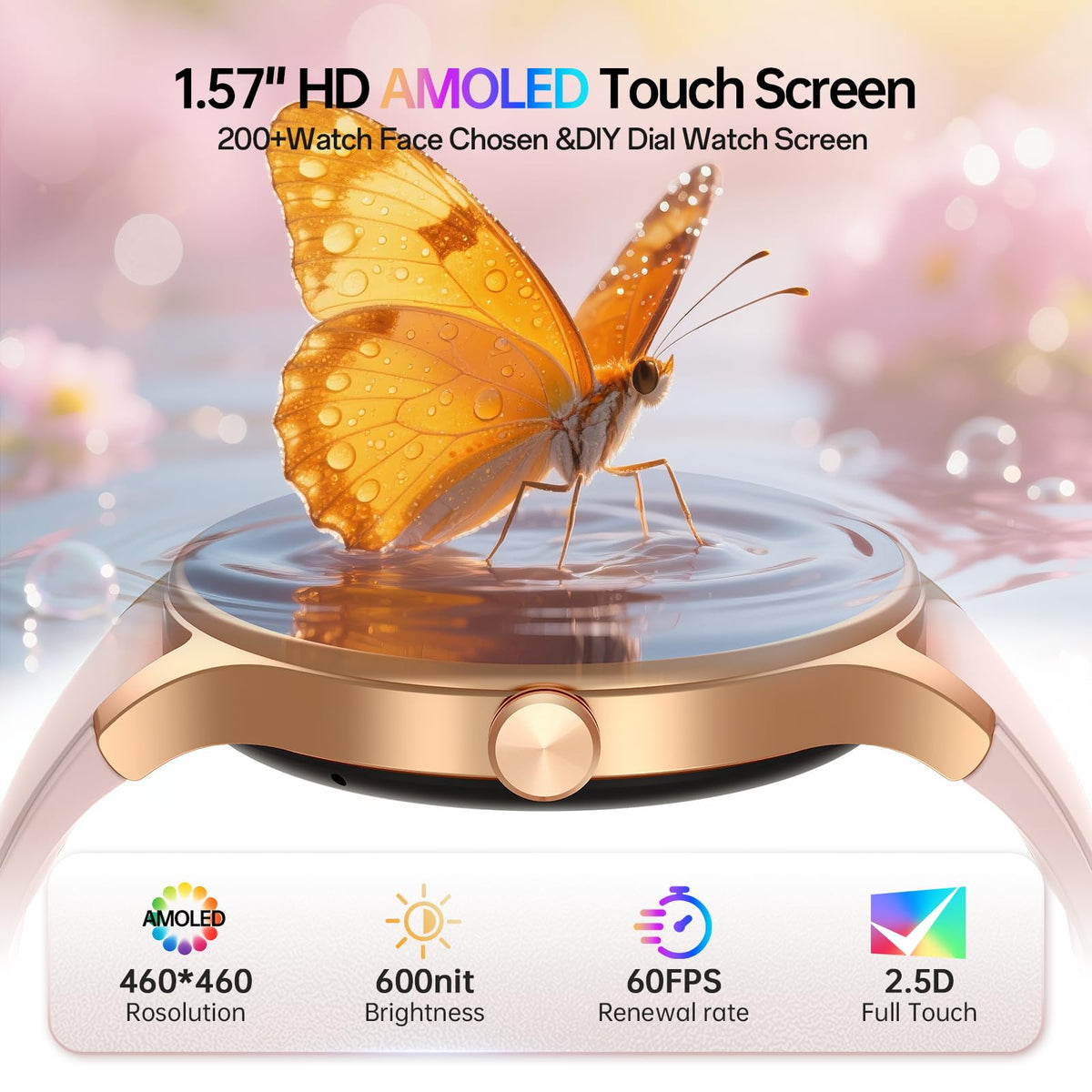 Woneligo Smart Watch for Women,1.57inch AMOLED Touchscreen Fitness Watch for iPhone & Android,Heart Rate/Sp02/Sleep Monitor,110+ Sport Modes IP68 Waterproof Bluetooth Calls,2 Bands (Pink, 1.57)