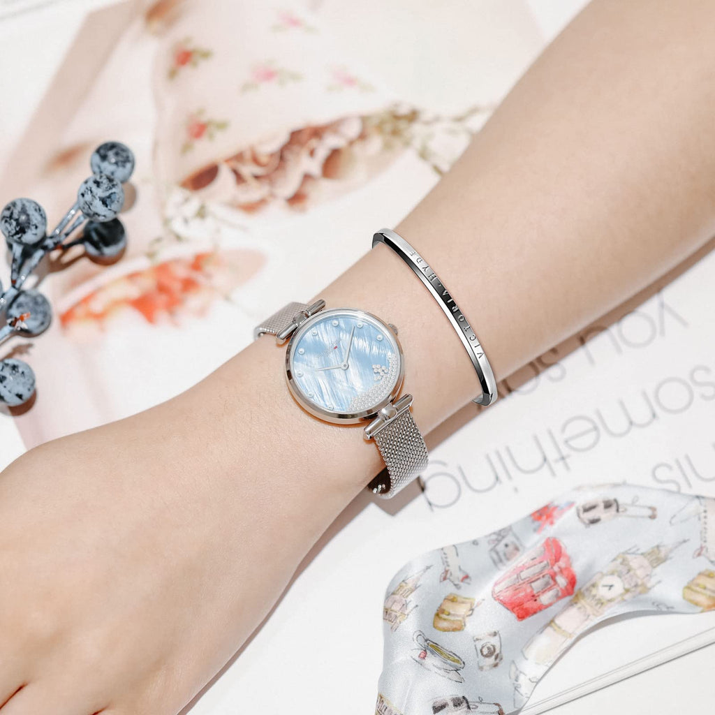 VICTORIA HYDE Women's Watch Sets Silver Ladies Watch with Mother of Pearl Dial Wrist Watch Bangle Set