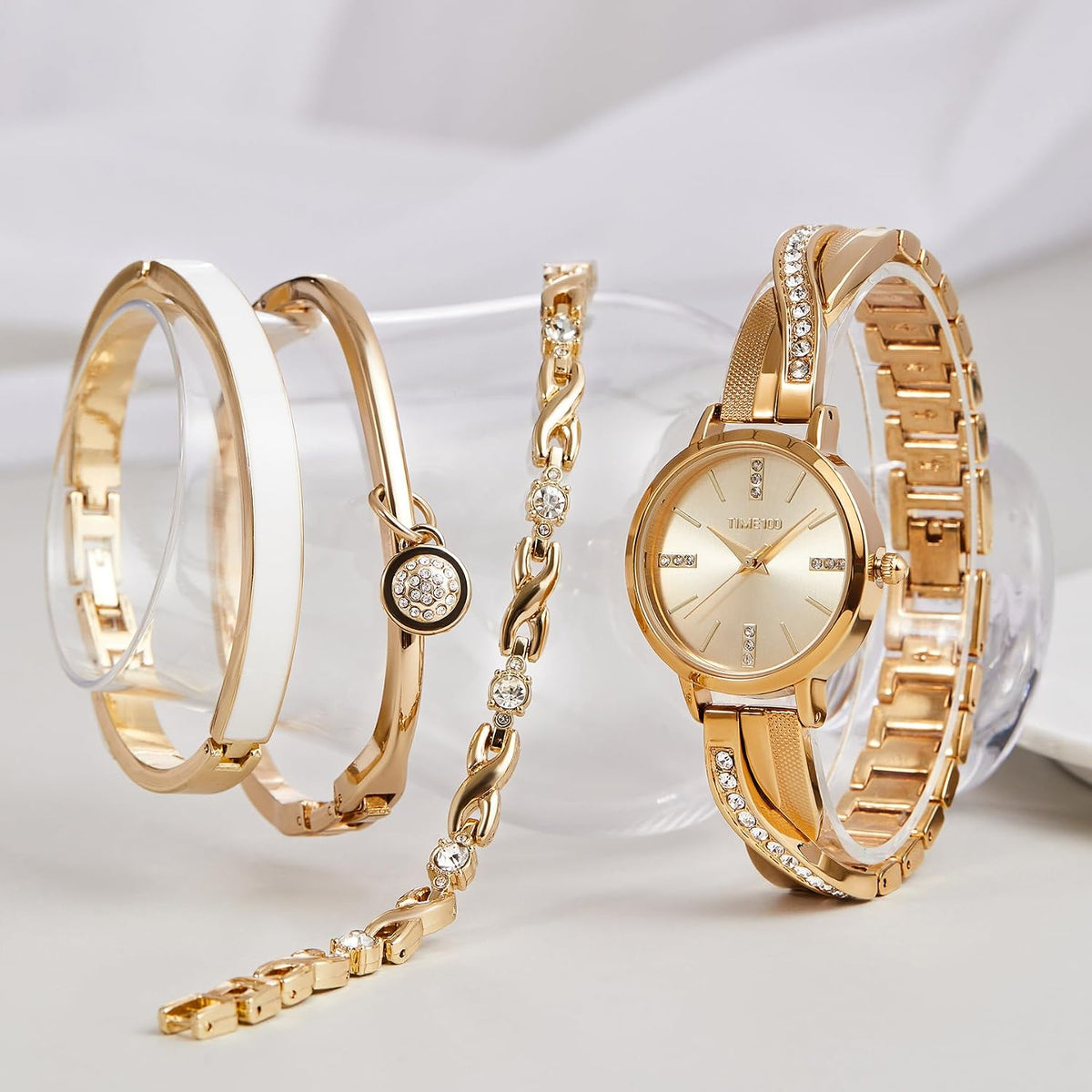 TIME100 Women's Bangle Watch and Gold Watch Chain Bracelets Premium Crystal Accented Bracelet Set W50888L