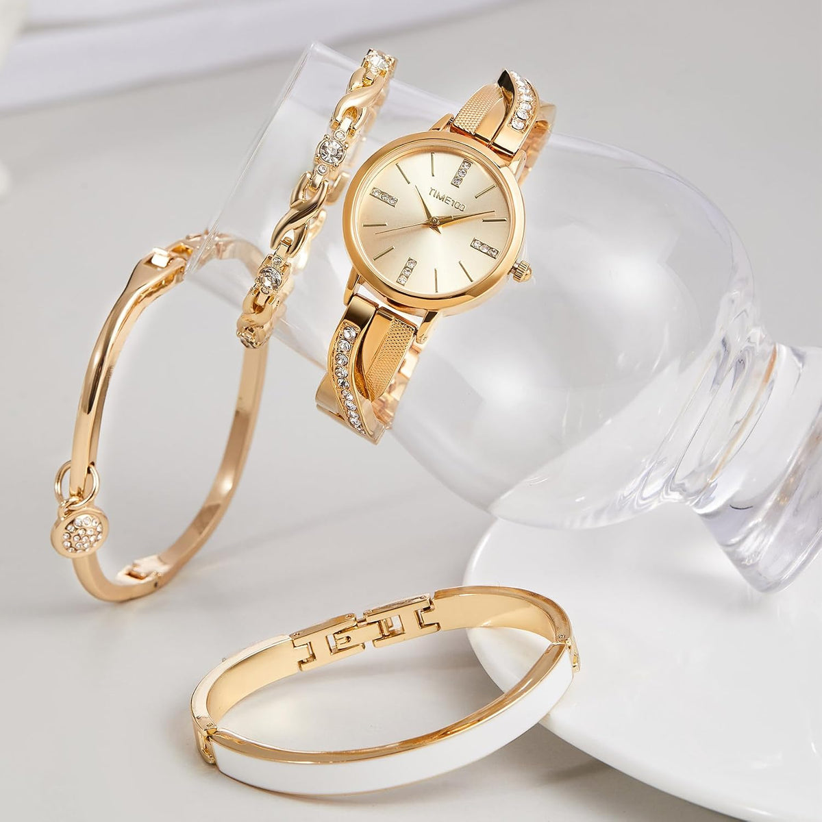 TIME100 Women's Bangle Watch and Gold Watch Chain Bracelets Premium Crystal Accented Bracelet Set W50888L
