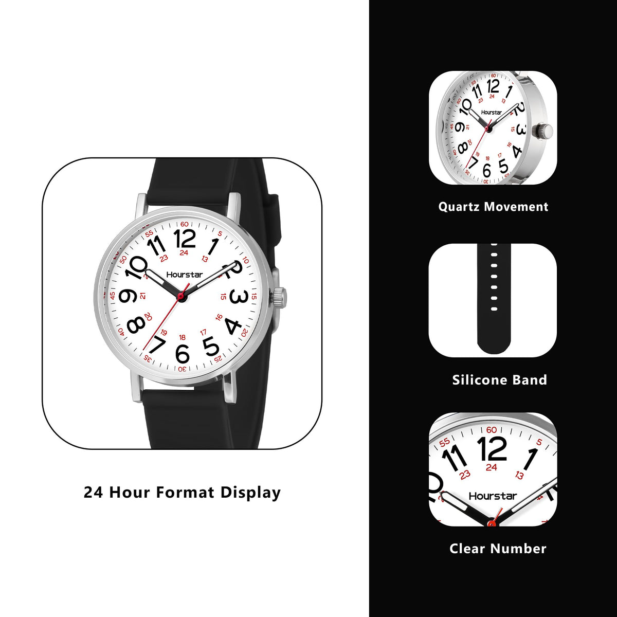 Women's Analog Nurse Watch with Second Hand for Nursing, 12/24 Time, Silicone Band, Easy Read