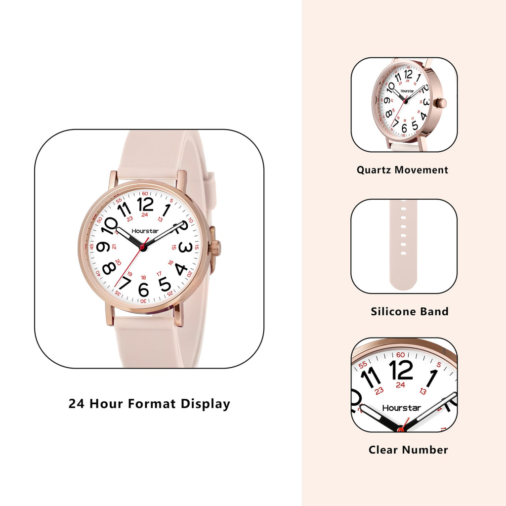 Women's Analog Nurse Watch with Second Hand for Nursing, 12/24 Time, Silicone Band, Easy Read
