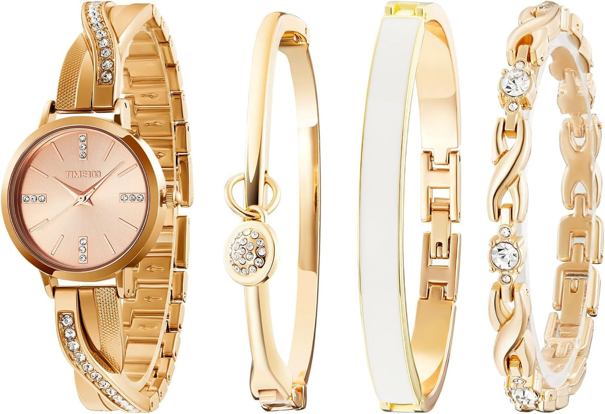 TIME100 Women's Bangle Watch and Gold Watch Chain Bracelets Premium Crystal Accented Bracelet Set W50888L