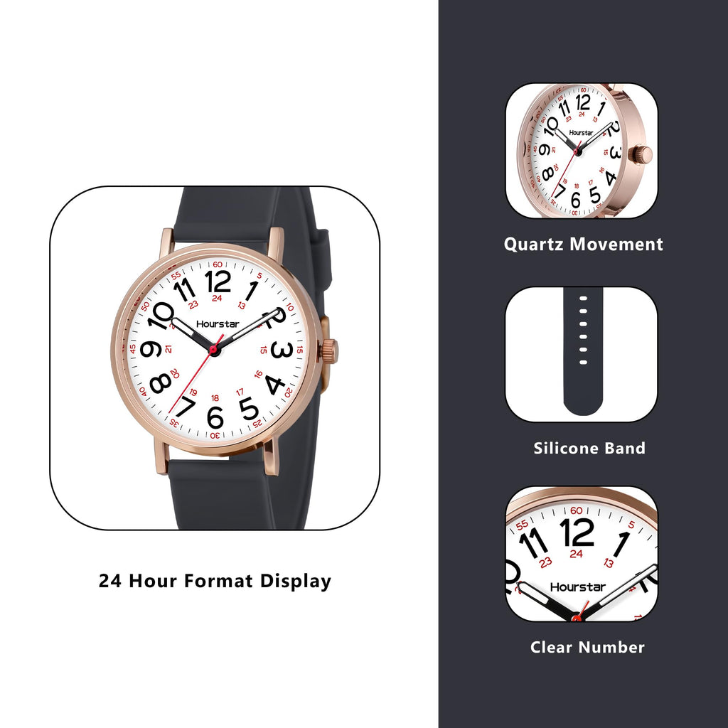 Women's Analog Nurse Watch with Second Hand for Nursing, 12/24 Time, Silicone Band, Easy Read