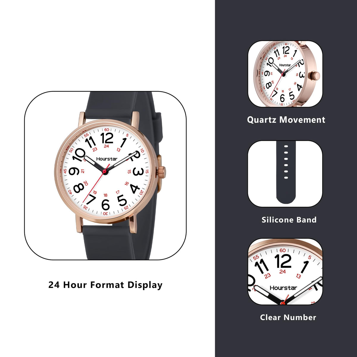Women's Analog Nurse Watch with Second Hand for Nursing, 12/24 Time, Silicone Band, Easy Read