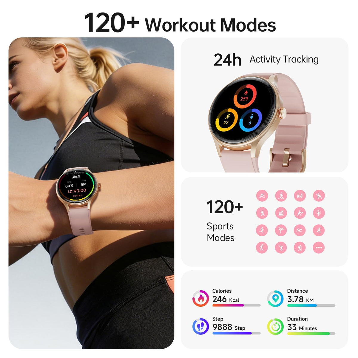 Woneligo Smart Watch for Women,1.57inch AMOLED Touchscreen Fitness Watch for iPhone & Android,Heart Rate/Sp02/Sleep Monitor,110+ Sport Modes IP68 Waterproof Bluetooth Calls,2 Bands (Pink, 1.57)
